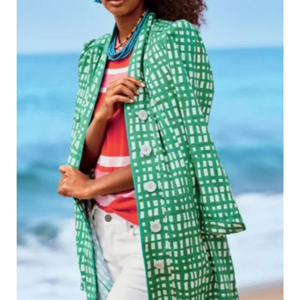 CABI Circuit Jacket Linen Blend Kelly Green & White Belted Size Large Style 6025 - Picture 7 of 16